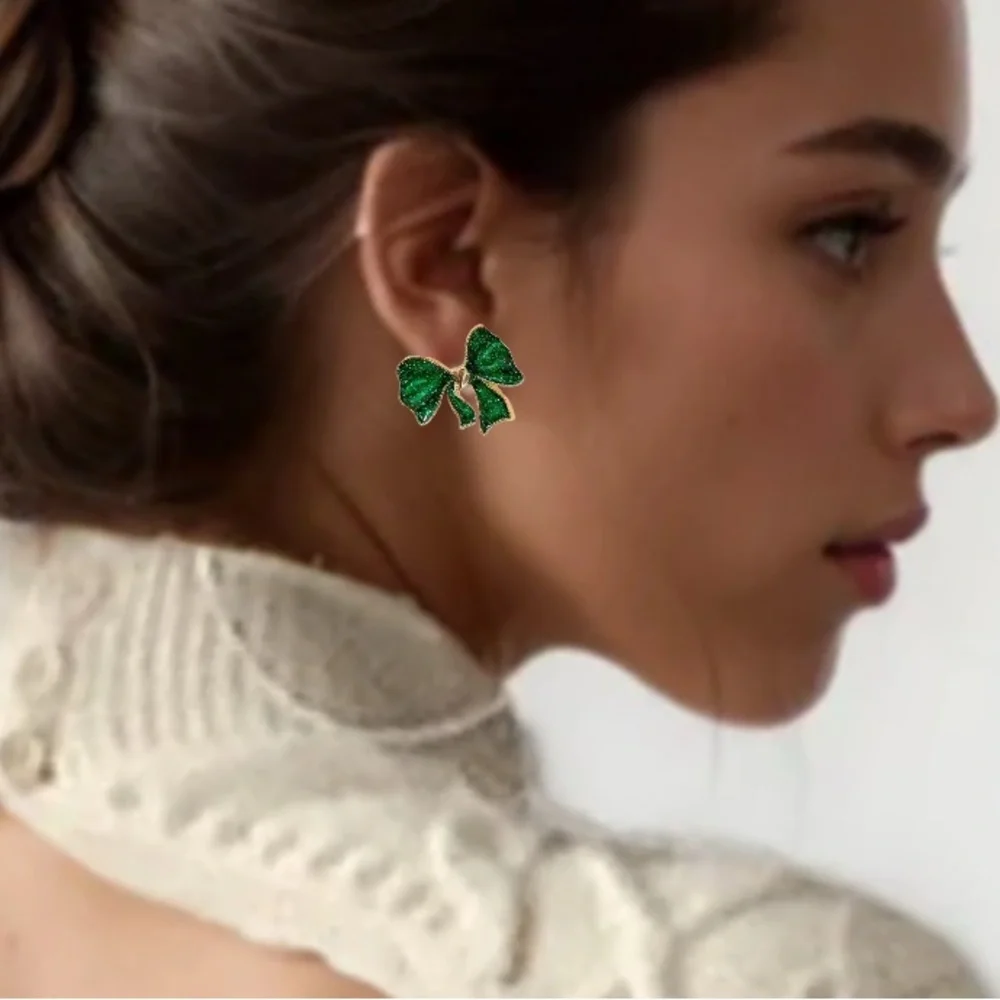Glittery Bowknot Druzy Emerald Green Gold Stud‎ Earrings St. Patrick’s Day NEW
